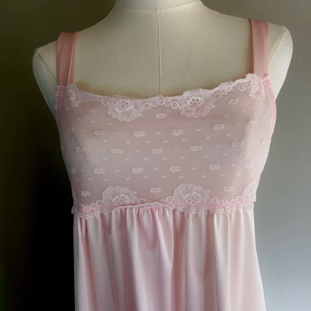 Vintage 70s Shadowline Pink Babydoll Maxi Nightgown Coquette Fairy Princess XS/S - Picture 4 of 11